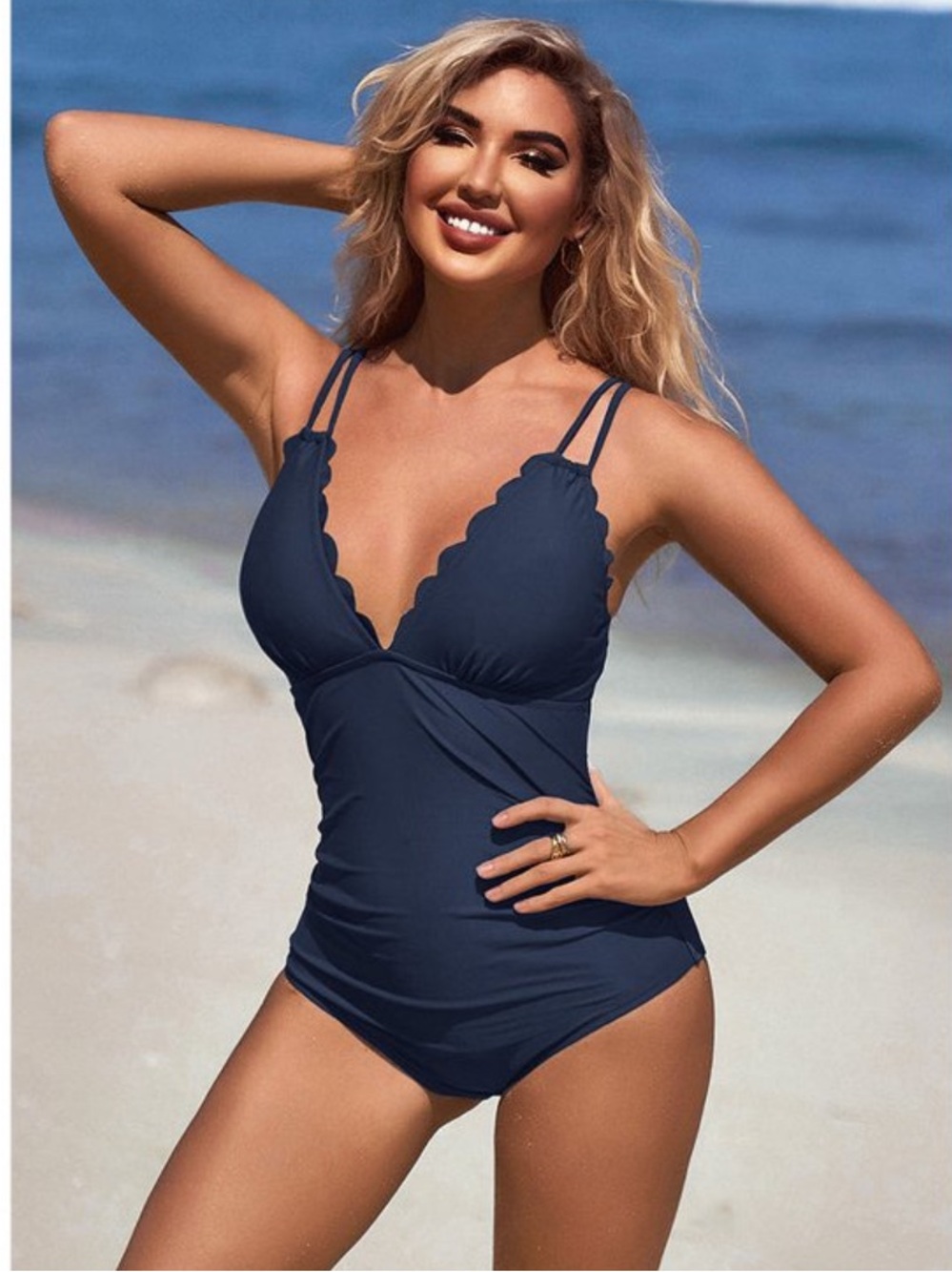 Charmo Scalloped V-Neck Double-Strap One-Piece Swimsuit Navy XL - NWT